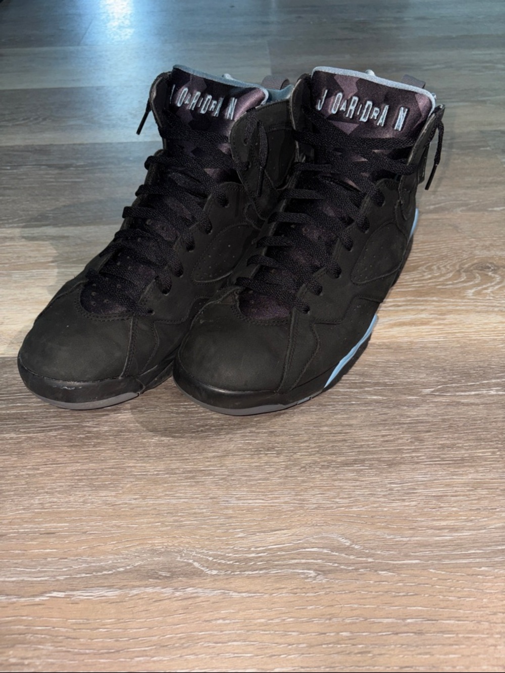 Jordan 7 Retro Chambray Men’s Black High-Top Sneakers with Light Blue Accents